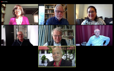 Video call screenshot of the panel: Paola Subacchi, Barry Eichengreen, Winnie King, Paul van den Noord, David Vines, Martin Wolf, Danny Quah